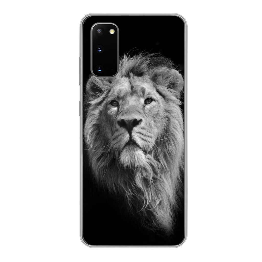 MuchoWow Handyhülle Schutzhülle Hülle für Samsung Galaxy S20 Löwe - Porträt - Schwarz - Weiß Silikon Softcase Handy Hülle - Bild
