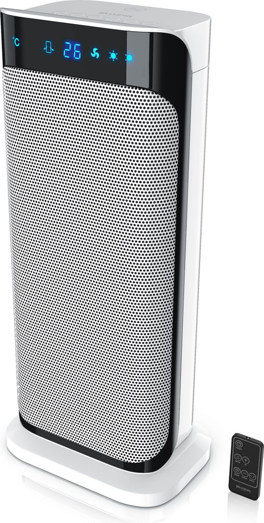 A white and black ceramic heater with a digital display and a remote control on a white surface.