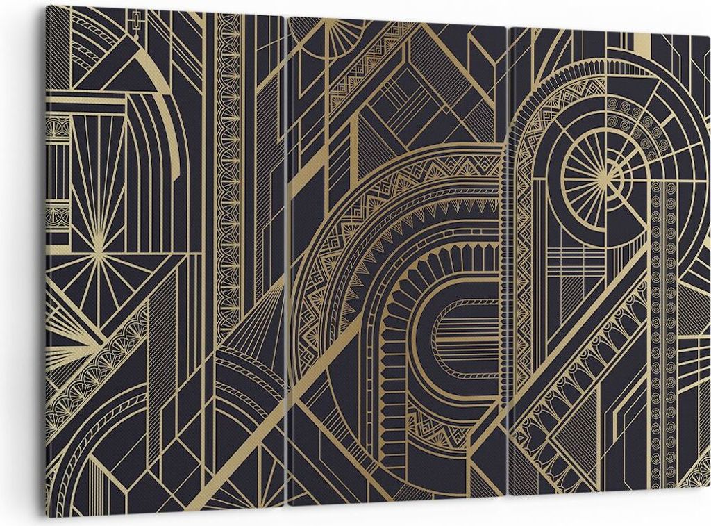 Bild auf Leinwand - Leinwandbild - 3 Teile - Ornament Gold Schwarz - 105x70cm - Wand Bild - Wanddeko - Wandbilder - Leinwanddruck - Bilder - Wandde...
