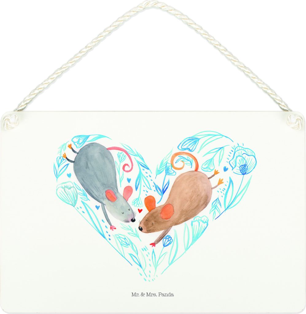 Mr. & Mrs. Panda Schild Mäuse Herz DIN A4 - Weiß - Geschenk, Freundin, Türschild, Dekoschild, Wandbild Holz, holzbild, Holzschild, Liebe, Love, ...