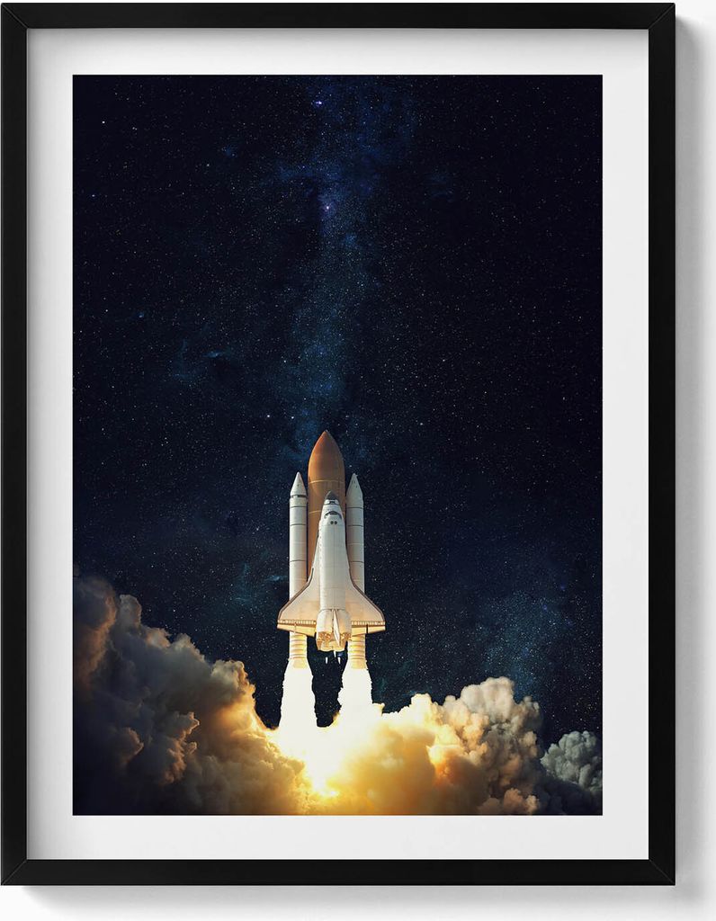 Rakete, die in den Weltraum abhebt– Wandbild mit Rahmen – Gerahmtes Bild – Wanddekoration – 60x80 cm – Schwarz Rahmen