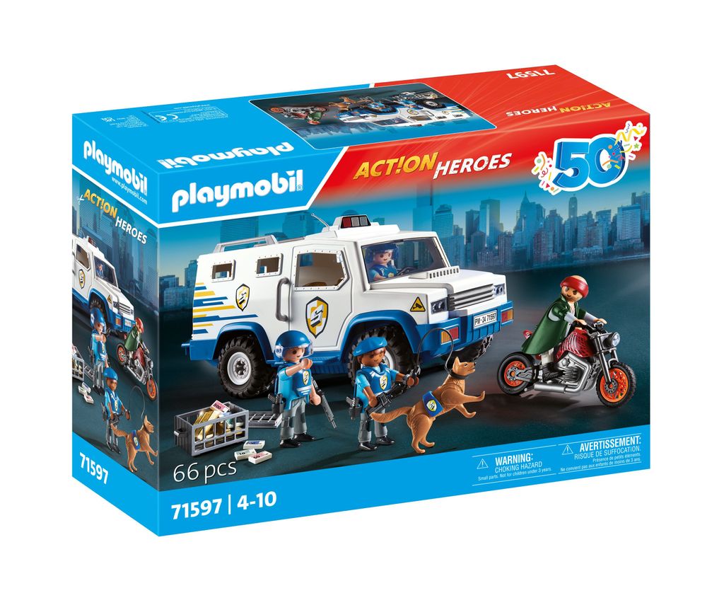 A Playmobil Action Heroes money transporter toy set is shown on its packaging.