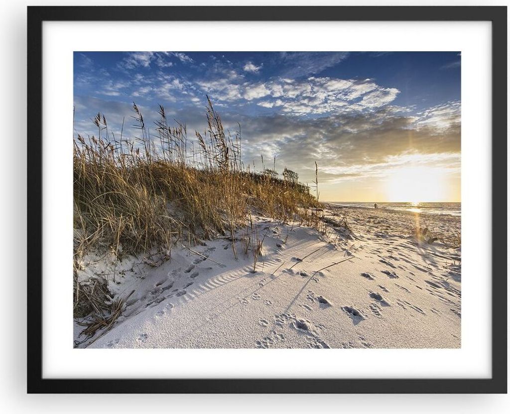 Gerahmtes Poster - Schwarzer Rahmen - Sand Gras Meer - 50x40 cm - Wand Bild - Wanddeko - Wandbilder - Kunstposter - Wandposter - Bilderrahmen - Bil...