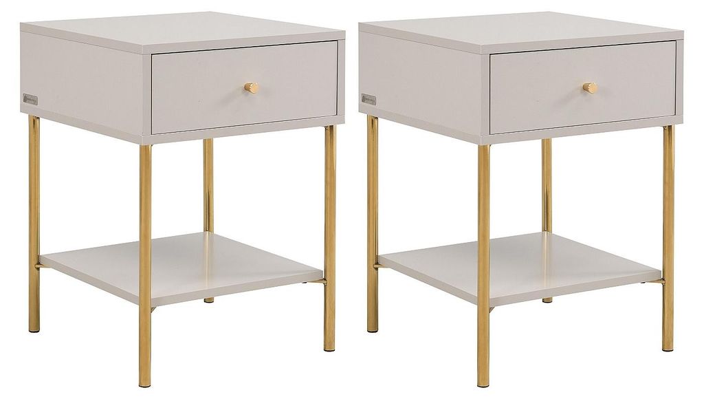 Set aus 2 Nachttischen mit je 1 Schublade – MDF und Metall – Beige und Gold – MILAVIA