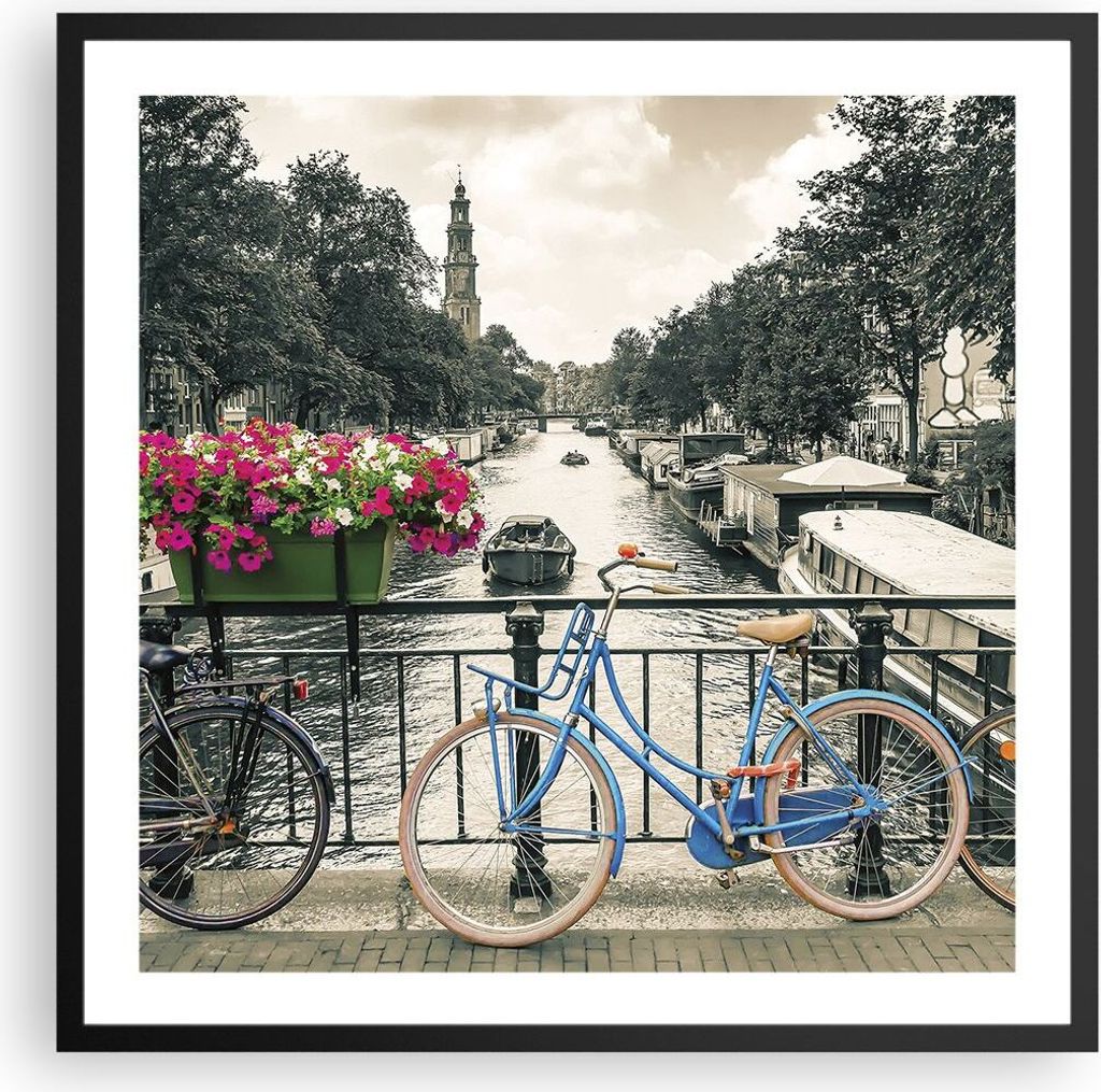 Gerahmtes Poster - Schwarzer Rahmen - Amsterdam Fahrräder Brücke - 60x60 cm - Wand Bild - Wanddeko - Wandbilder - Kunstposter - Wandposter - Bild...