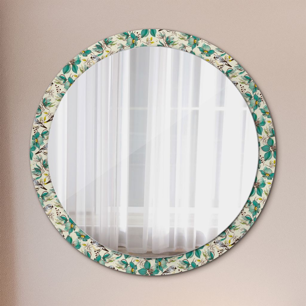 Spiegel Rund mit Aufdruck - Wandspiegel Design Wandmontage – Badspiegel - Rundspiegel - Blumen und Vögel - Runder: Ø100cm