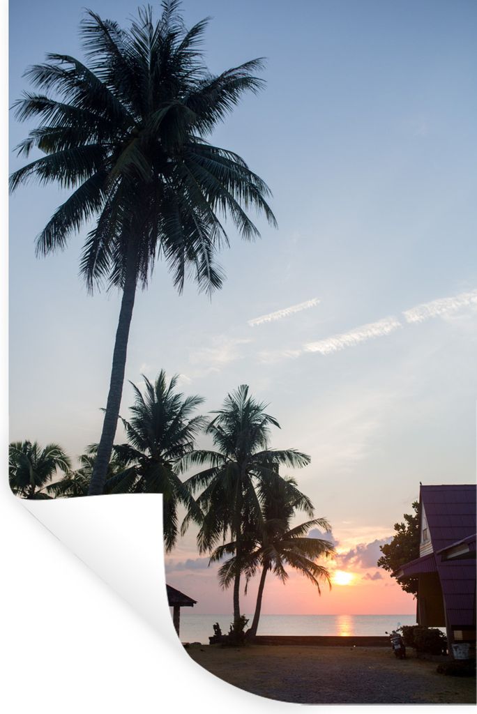 MuchoWow Wandtattoo Wandsticker Wandaufkleber Palme - Sonnenuntergang - Haus 20x30 cm Selbstklebend und Repositionierbar - Sticker - Dekorfolie