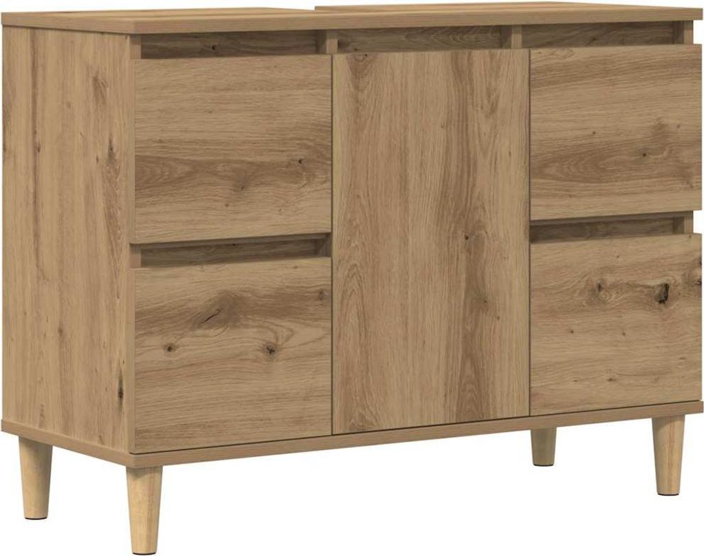 A front view of a wooden cabinet with doors and drawers, standing on four legs.