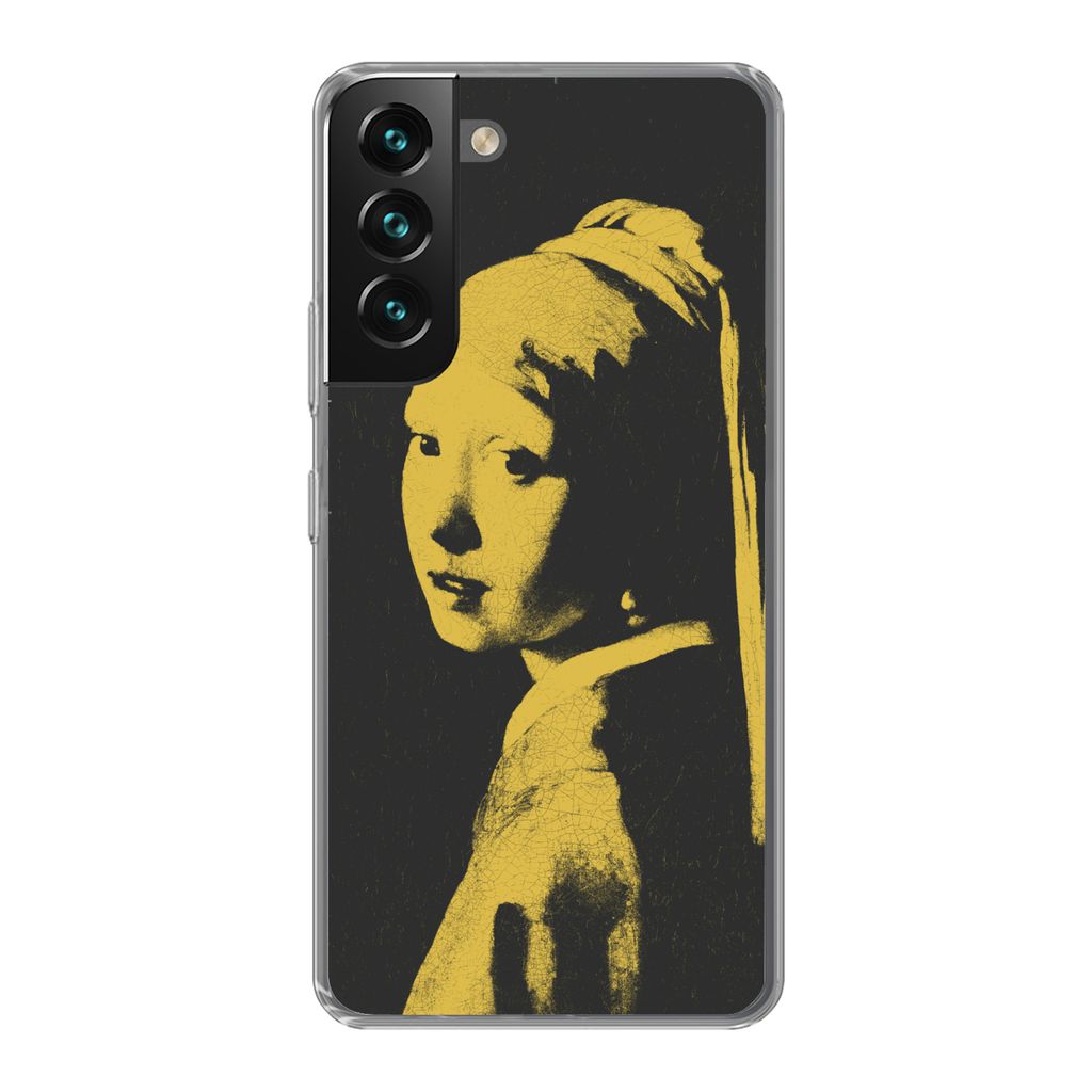 MuchoWow Handyhülle Schutzhülle Hülle für Samsung Galaxy S22 Mädchen mit Perlenohrring - Vermeer - Schwarz - Gelb Silikon Softcase Handy Hü...