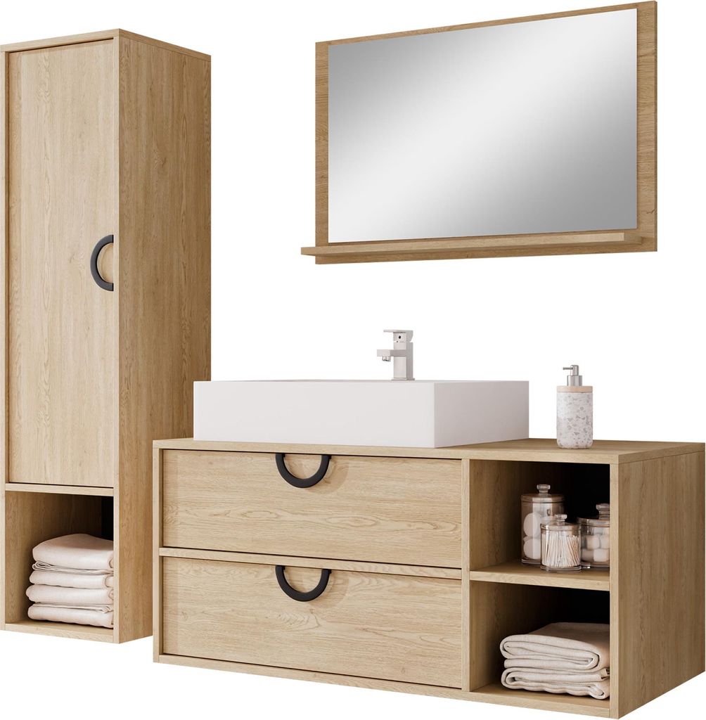 MIRJAN24 Badmöbel-Set Lefog, Badezimmer-Set mit Spiegel und Waschbecken (Farbe: Eiche Cremona, mit Siphon)