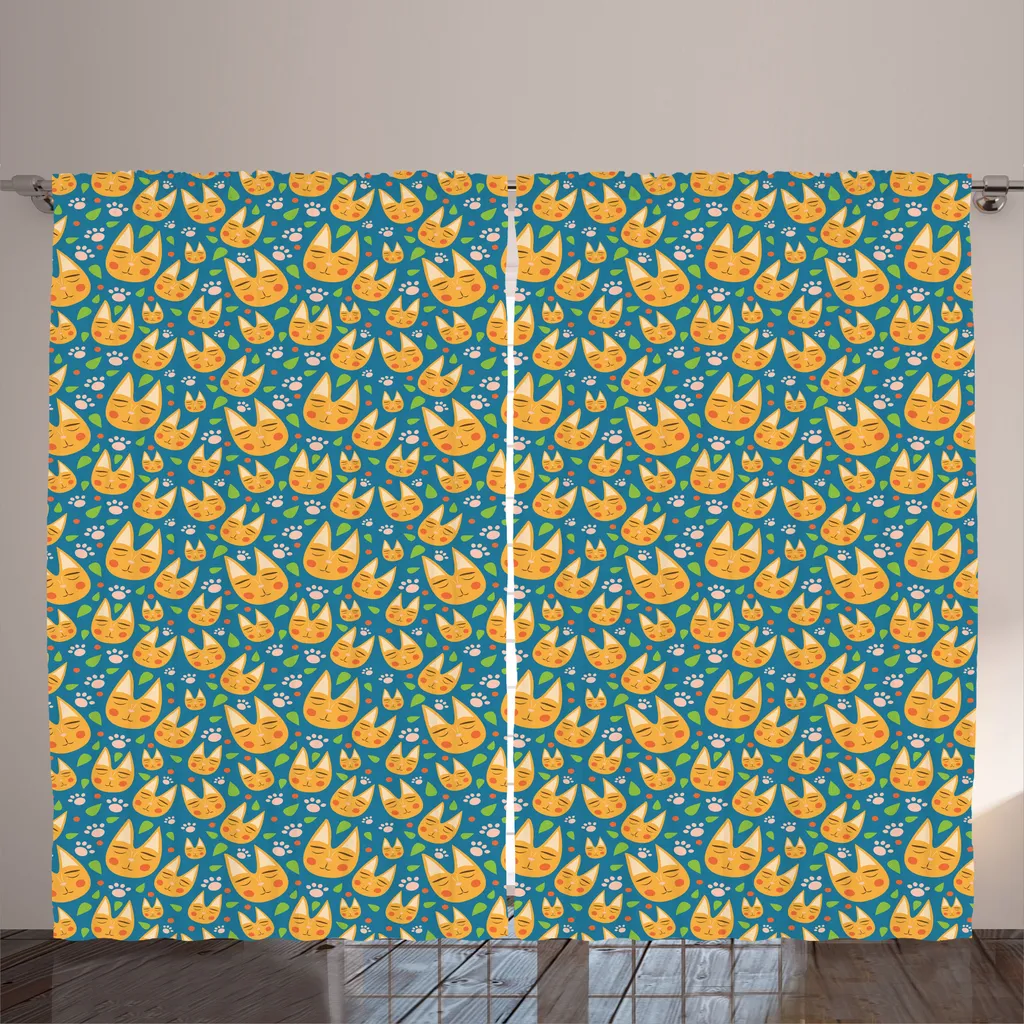 Grand rideau turquoise foncé à motifs chats, tissu premium durable