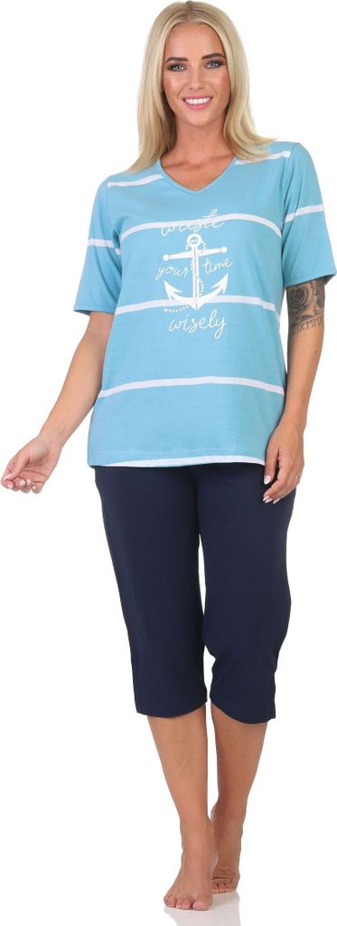 Maritimer Damen kurzarm Capri Schlafanzug Shorty mit Anker Motiv - auch in Übergröße ; hellblau , 40