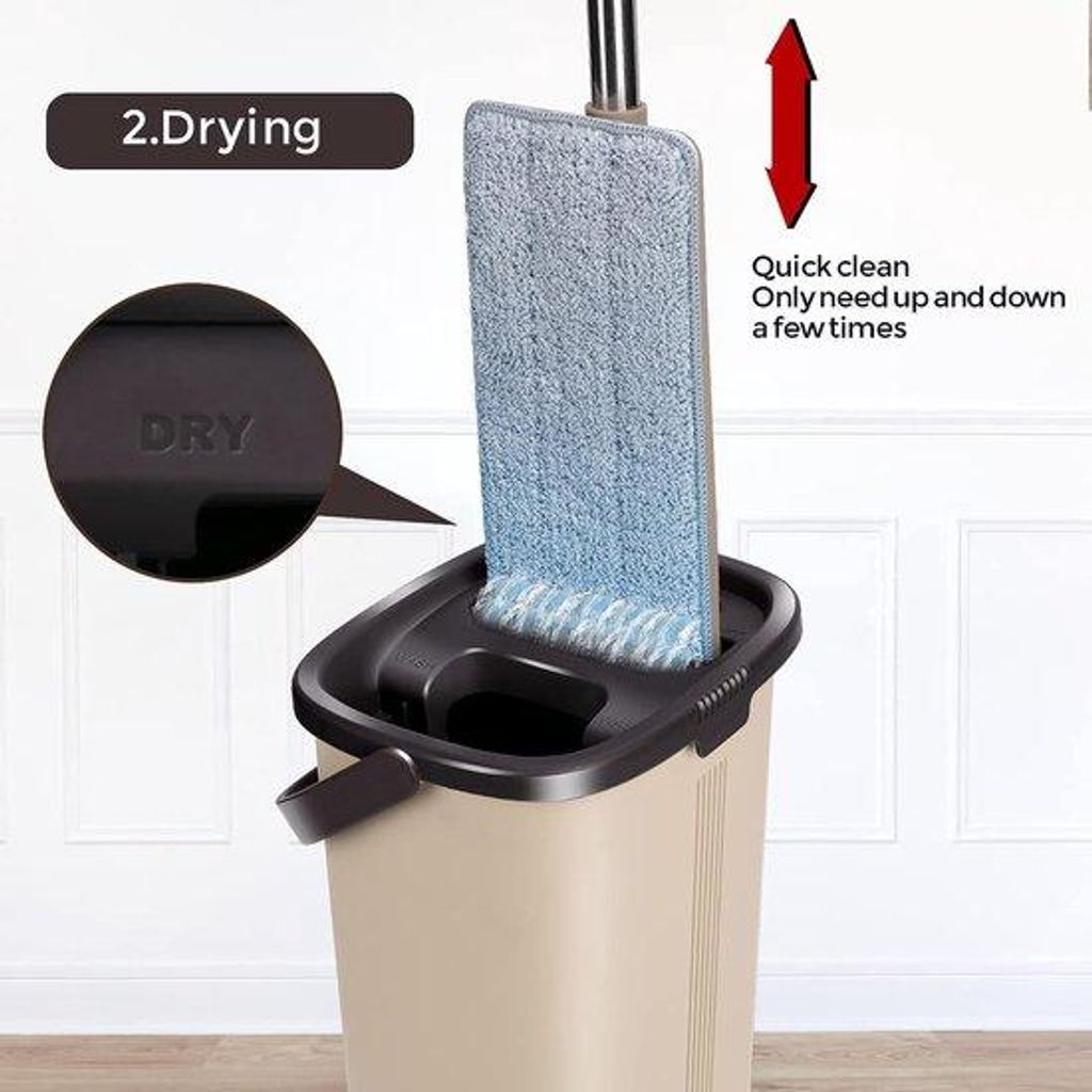 Bodenreinigung-Set, 2-Kammer-Set mit Flachmop für nasse und trockene Verwendung, 6 wiederverwendbare Pads
