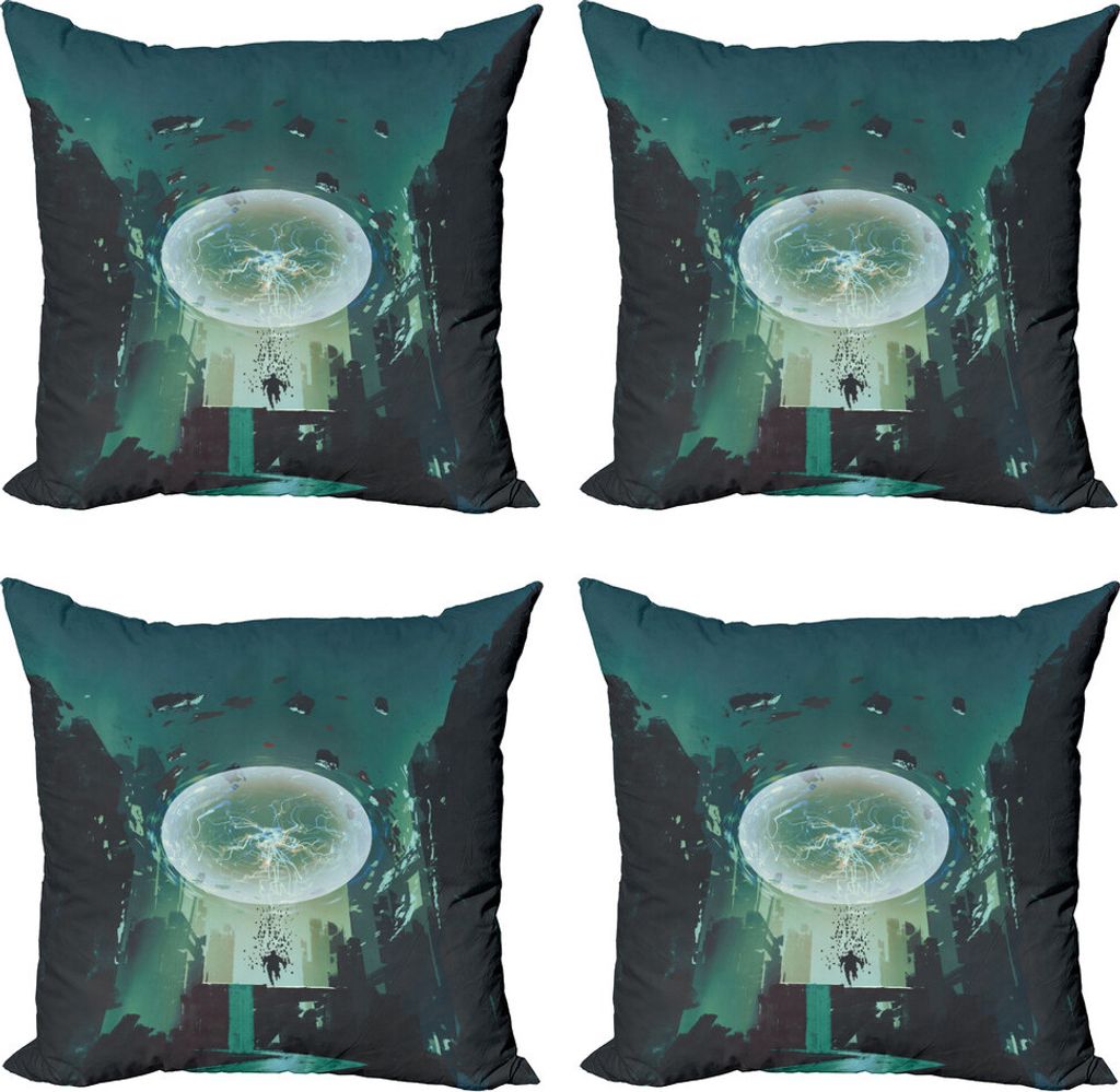 ABAKUHAUS Fantasie Kissenbezug Set (4 Stück), Dunkle Magie Fiction-Stadt, Moderner Doppelseitiger Digitaldruck, 60 cm x 60 cm, Teal Schwarz