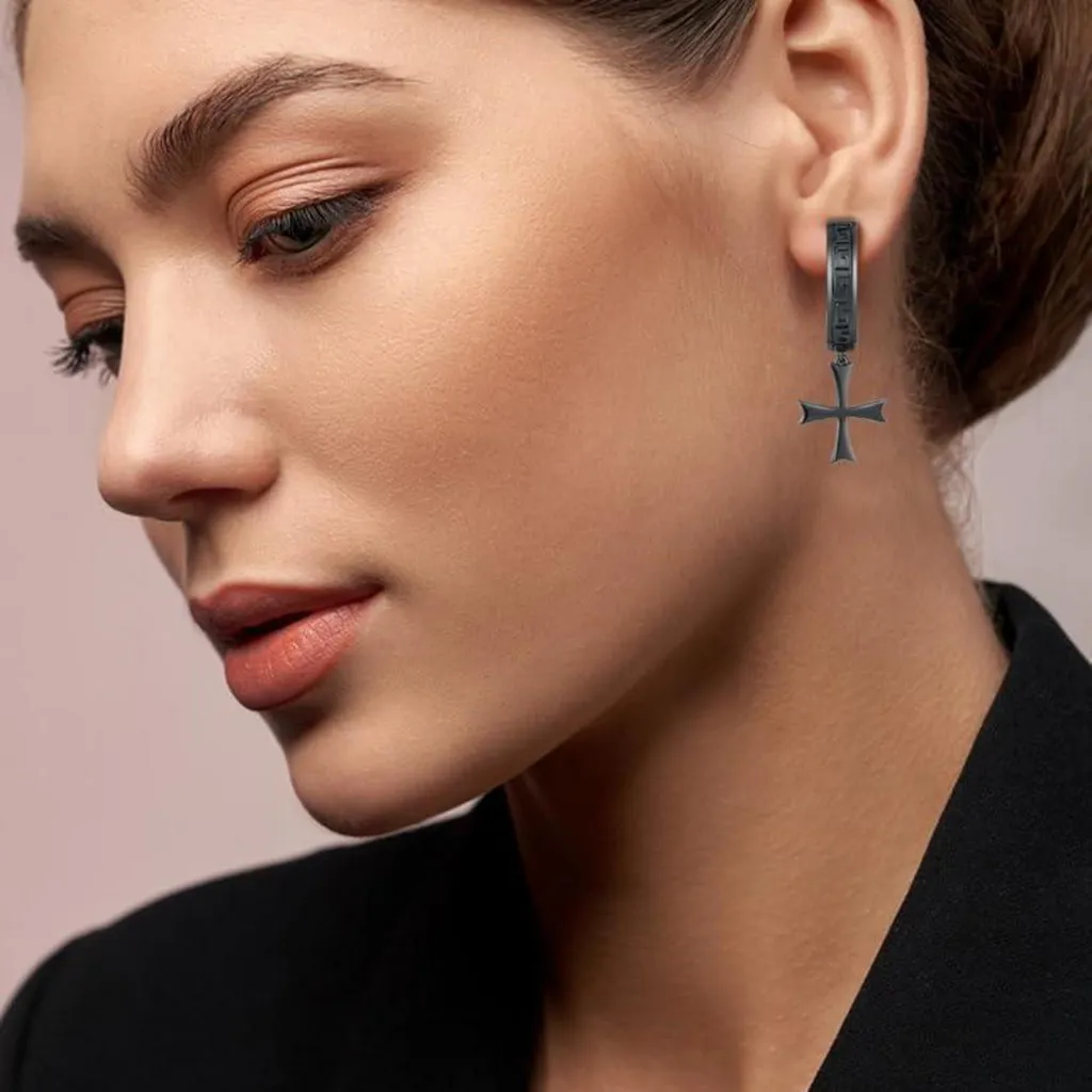 Orecchini Pendenti Tata Gisèle In Acciaio Inox - Croce Su Cerchio, Colore Argento, 33mm