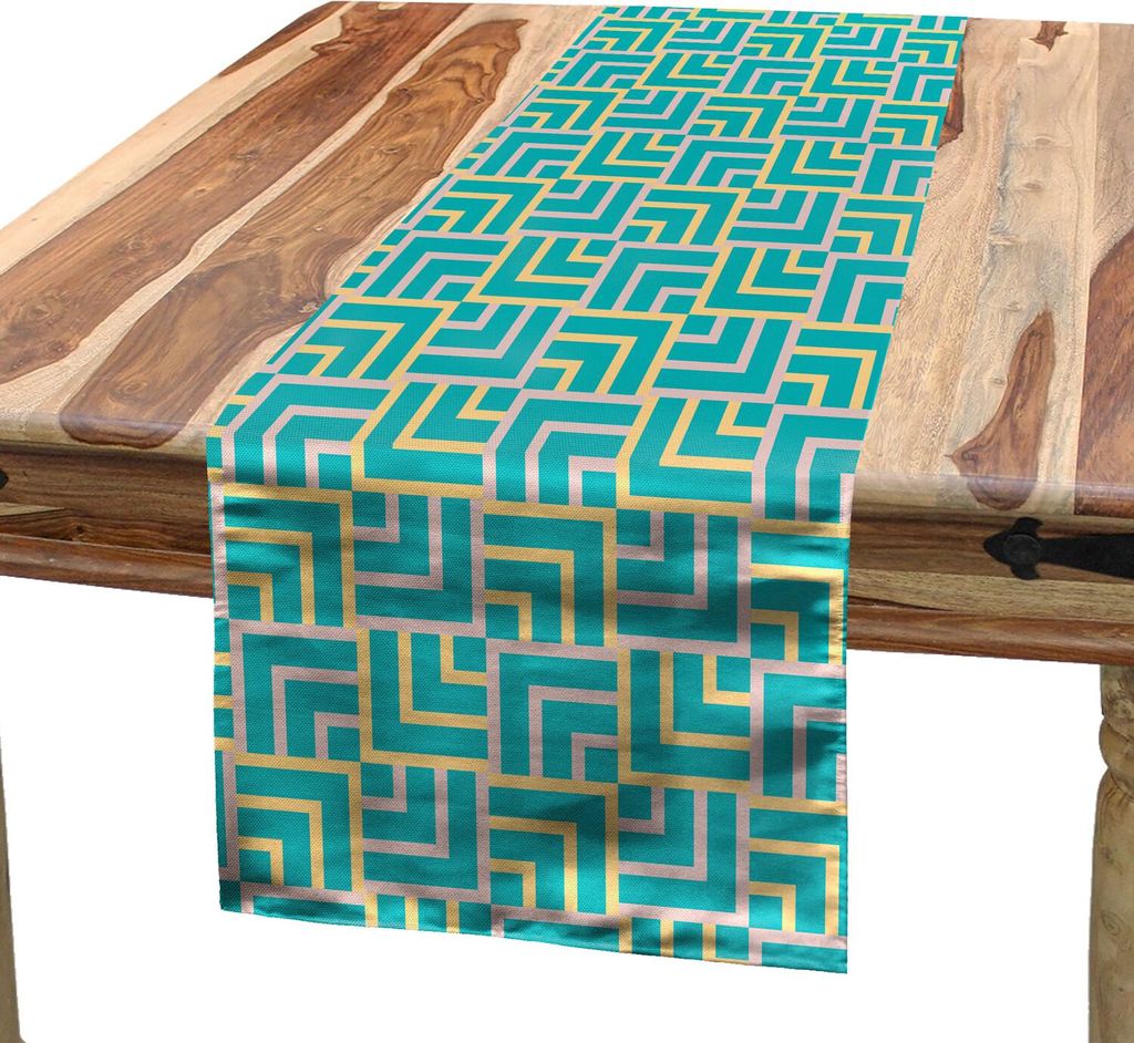 ABAKUHAUS Türkis Tischläufer, Art Deco Style Shapes wie geometrische Quadrate mit Linien Bild, 40 x 180 cm, Türkis Gelb
