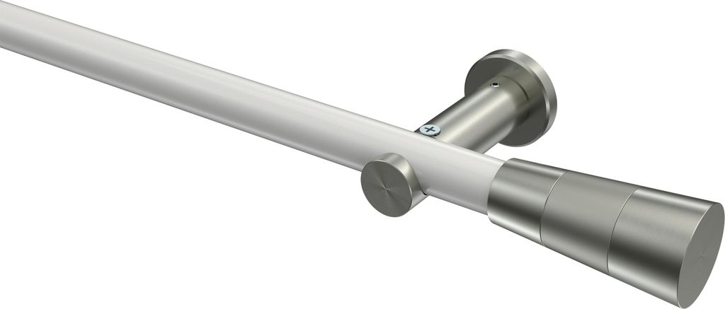 Interdeco Gardinenstange / Vorhangstange Weiß / Edelstahl-Optik, Typ Platon Tanara (Konus Bicolor) ohne Ringe, 20 mm Ø 1-läufig, 400 cm