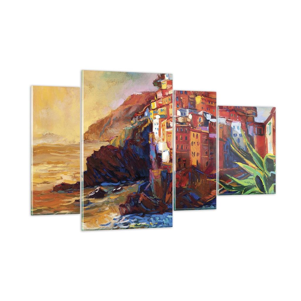 Bilder auf glas - 4 Teile - Manarola Bunt Öl - 120x70cm - Glasbilder - Wandbilder - Bilder - zum Aufhängen bereit - Wanddekoration aus Glas - Gla...