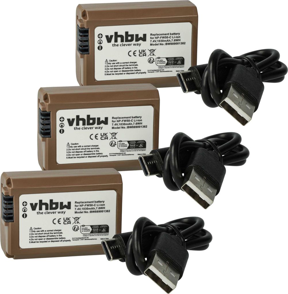 vhbw 3x Akku kompatibel mit Sony Smartshot ILCE-QX1 Kamera (1030 mAh, 7,4 V, Li-Ion), Infochip, USB-C Buchse