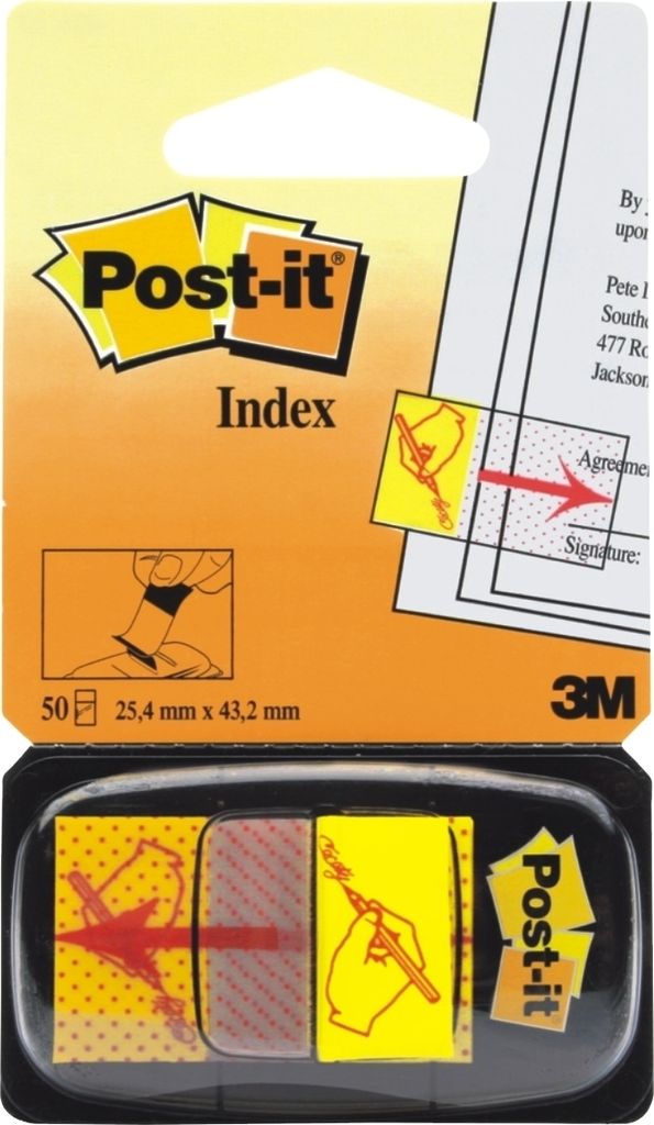 Post-it Index Haftstreifen, Standard, HIER UNTERSCHREIBEN Symbol, Gelb, 25,4 mm x 43,2 mm, 50 Haftstreifen/Spender, 1 Spender/Packung | 1 Stück