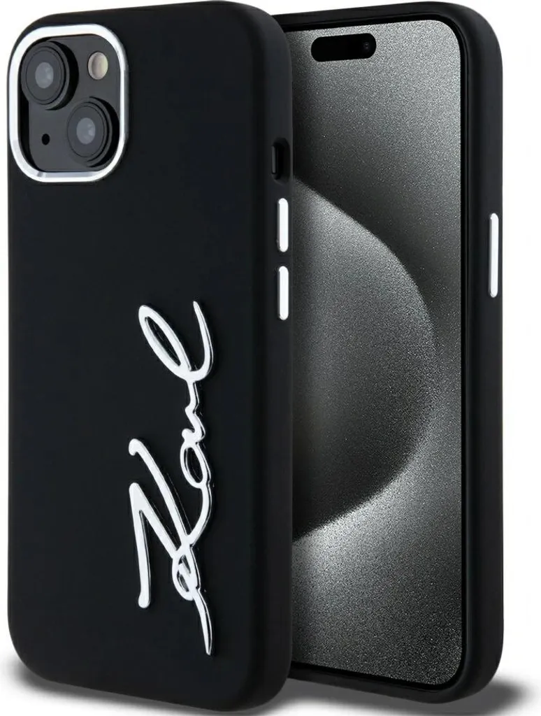 Custodia iPhone 15 Karl Lagerfeld Originale Silicone Nero Metal Logo