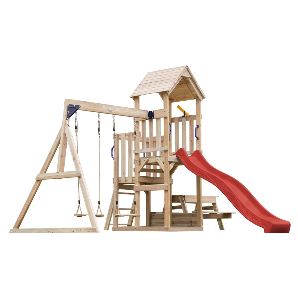 AXI Mette Spielturm aus Holz mit 2 Schaukeln | XXL Spielhaus / Spielplatz für Kinder mit Picknicktisch, Sandkasten & Rutsche, Rot | Schaukelgerüs...