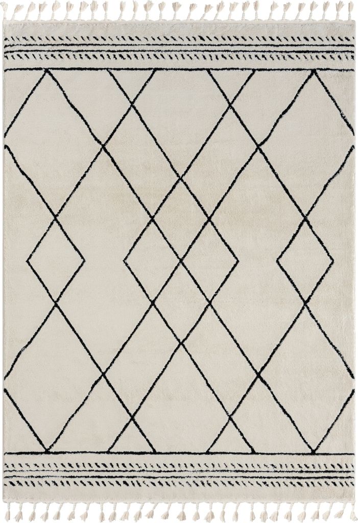 MY-RUG Teppich, Ella, 240x190, Weiß, Hochflorteppich, modern, marokkanisches Design, flauschig weich, Skandi-Rautenmuster, rechteckig