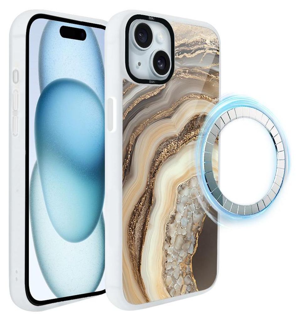 Schutzhülle für das iPhone 15 Plus, MagSafe-kompatibel, mattweiße Seiten, Zierstein, Achat