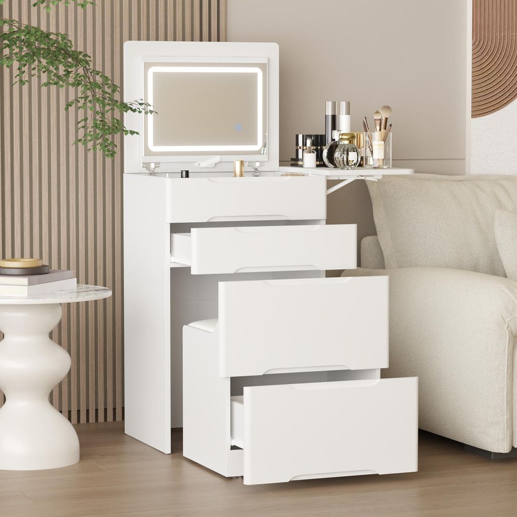 Klappbarer Schminktisch mit 3 farbigem LED-Spiegel und Hocker, mit Klappbarer Ablagefläche und 2 Schublade, Weiß, MDF + Glas, 50 x 40 x 82 cm