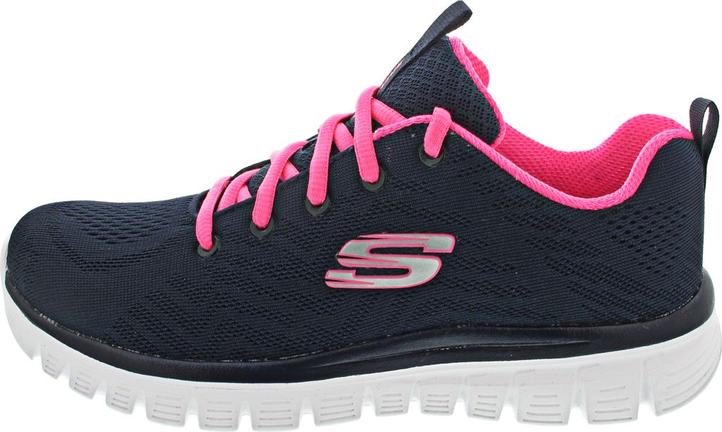 A side view of a navy and pink Skechers sneaker.