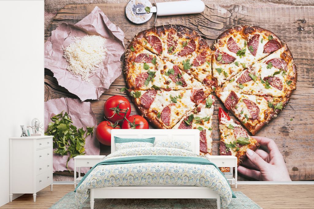 MuchoWow Fototapete für Wohnzimmer oder Schlafzimmer Wandtapete Vinyl Motivtapete Herzförmig geschnittene Pizzaspitze - 525x350 cm - Das Hinter...