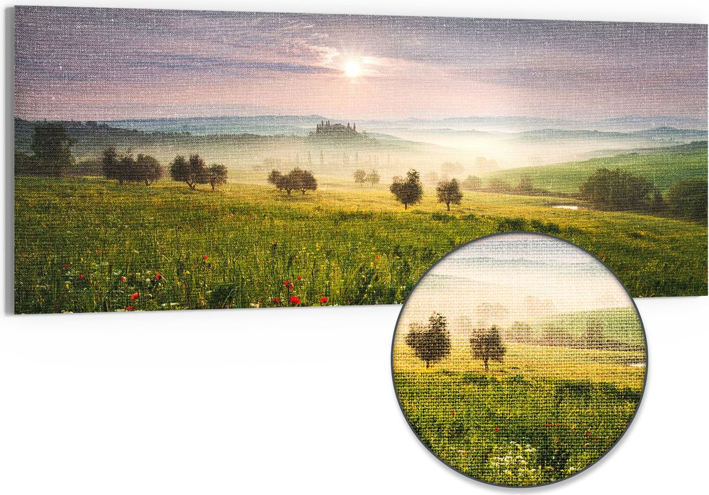 DEQORI Hybrid Leinwand Bild 150x60 cm 'Idyllisches Morgenlicht' Wandbild Glas flach modern