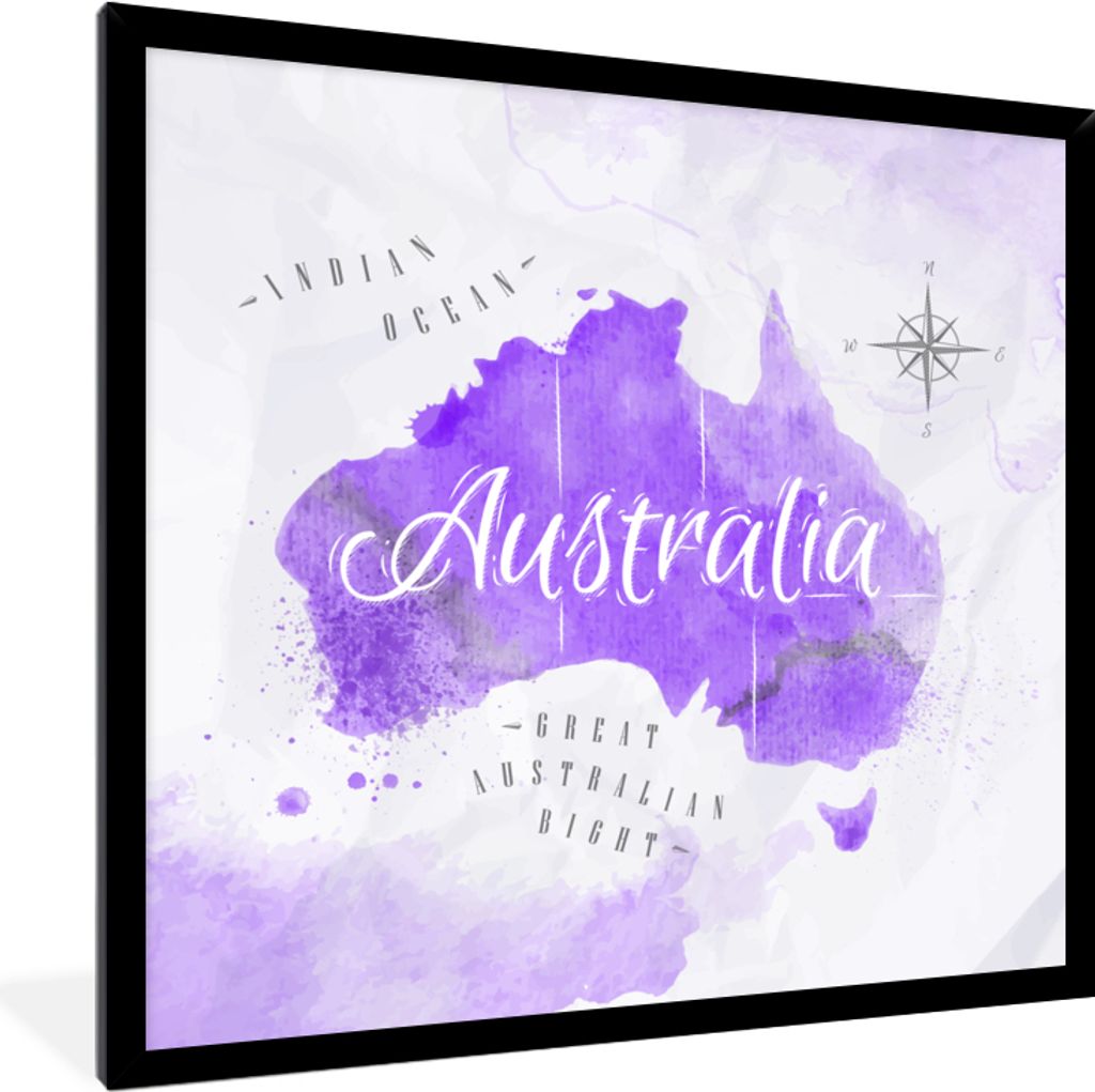 MuchoWow MuchoWow Gerahmtes Poster Karte - Australien - Aquarell 40x40 cm - Poster mit zchwarzem Bilderrahmen - Mit Rahmen - Wanddekoration Sch...
