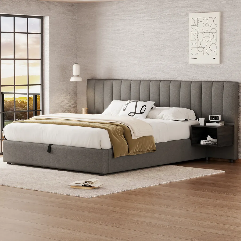 Lit double Boxspring 160x200 cm en lin gris avec rangement
