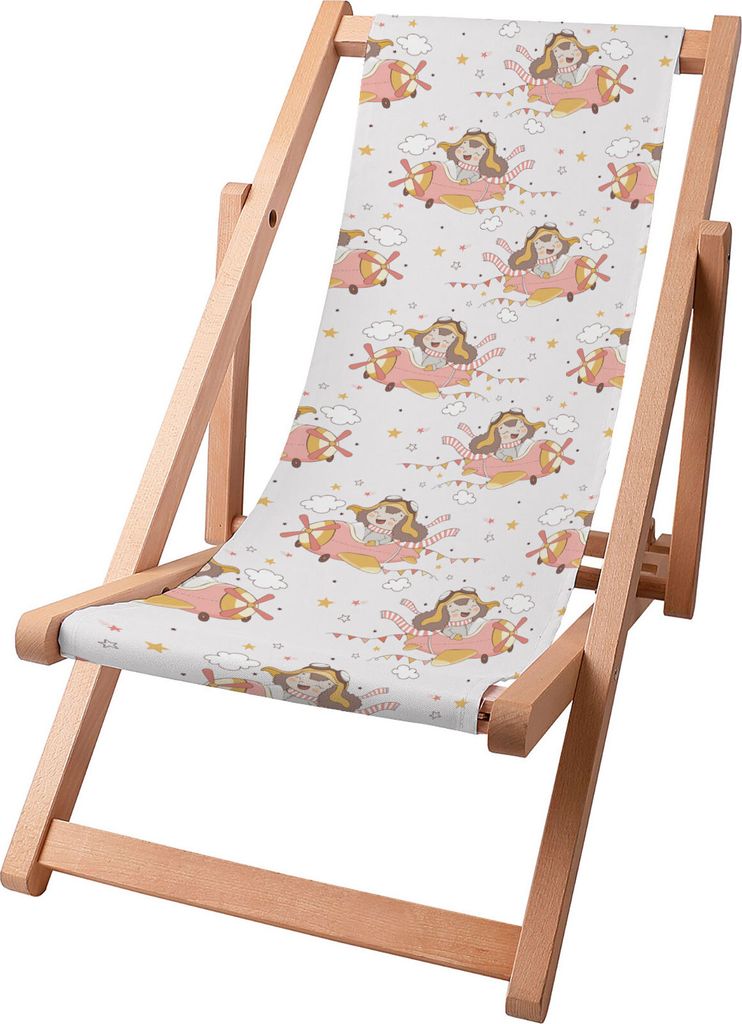 Dreamroots Kinder Liegestuhl klappbar Holz bis zu 130 kg, Sonnenliege klappbar mit 3-stufiger Neigungsregulierung der Rückenlehne,Happy Girl in plane