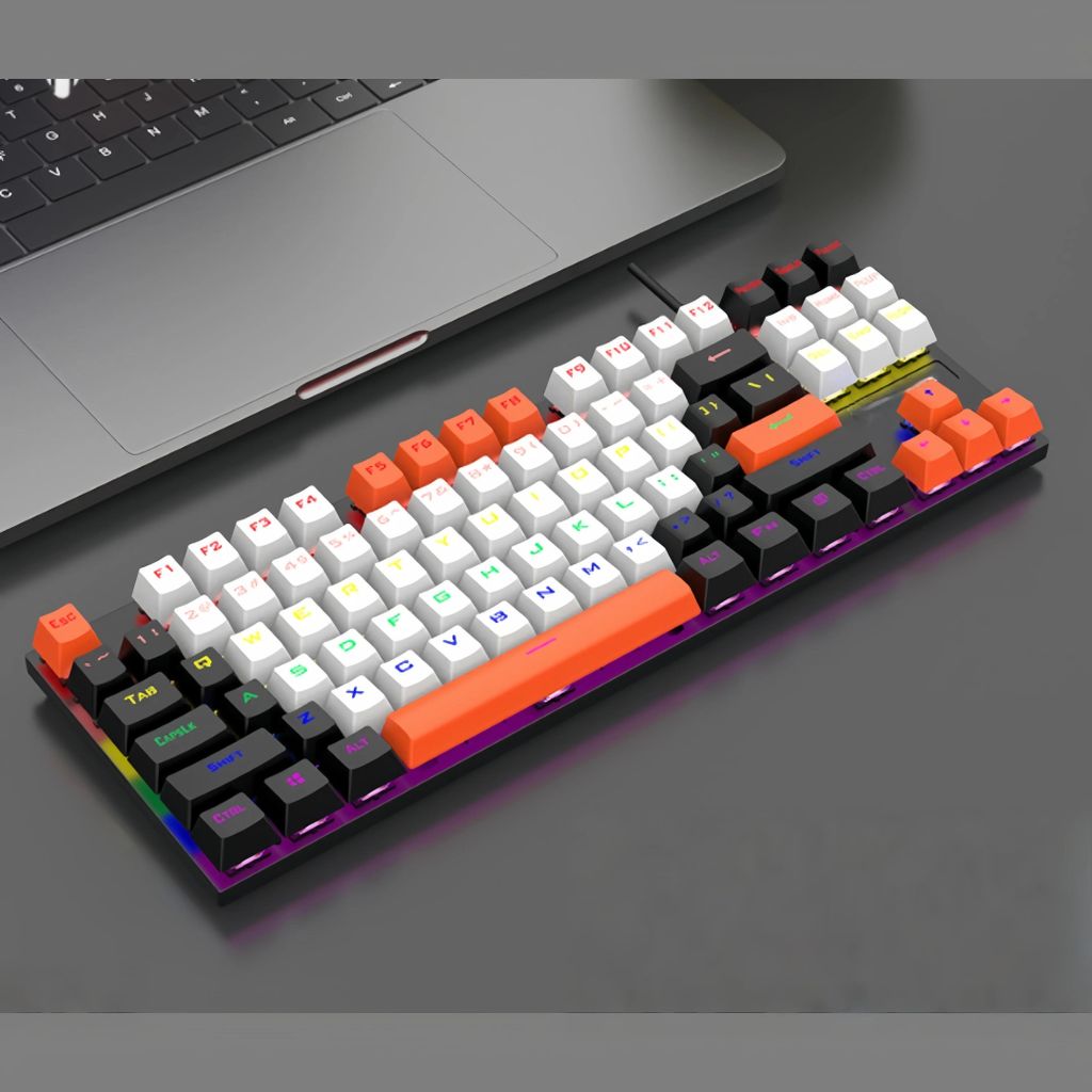 Mechanische Gaming-Tastatur - TKL 87 Tasten - RGB-Beleuchtung - Blaue Switches - Ergonomisches Design - Wasserdicht - USB-Anschluss - Orange/Weiß/...
