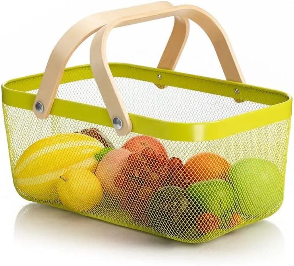Aufbewahrungskorb mit Holzgriff, multifunktionaler Metall-Drahthänge-Obstkorb, sehr geeignet für Küche, Bad, Speisekammer, Garten, Kleiderschran...