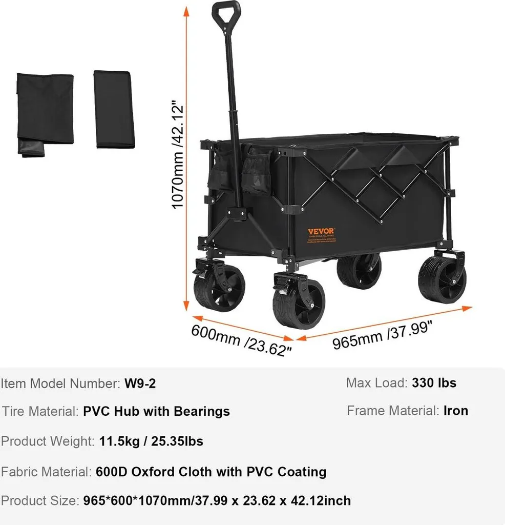 Charrette de jardin pliable multi-usage avec roues larges et 220L