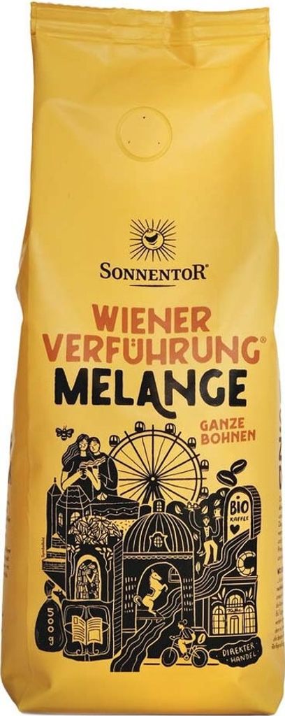 A bag of Sonnentor Melange Kaffee Wiener Verführung whole bean coffee.