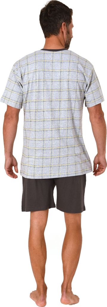 Herren kurzarm Schlafanzug Shorty Pyjama mit karierten Oberteil - 122 105 90 445 ; grau-melange , 50