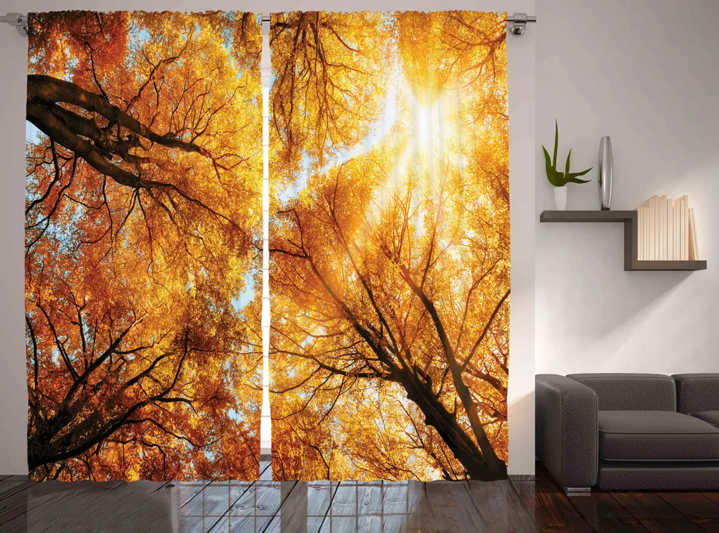 Rideau rustique ABAKUHAUS Autumn Sunbeams Forest 280x225cm Orange Jaune