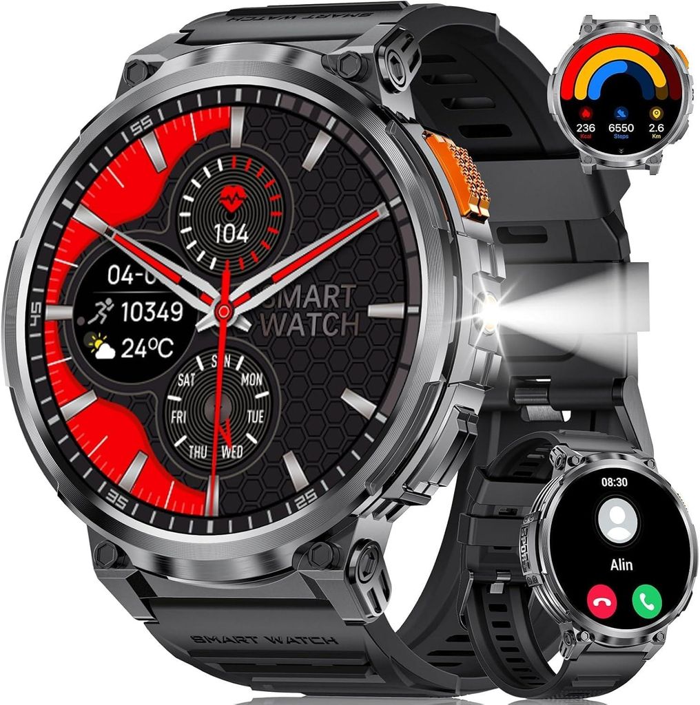 FOXBOX 1.85 Zoll Herren Smartwatch mit Telefonfunktion, LED Taschenlampe, 730 mAh Akku, IP68 Wasserdicht, 110+ Sportmodi, 24h Herzfrequenz für And...