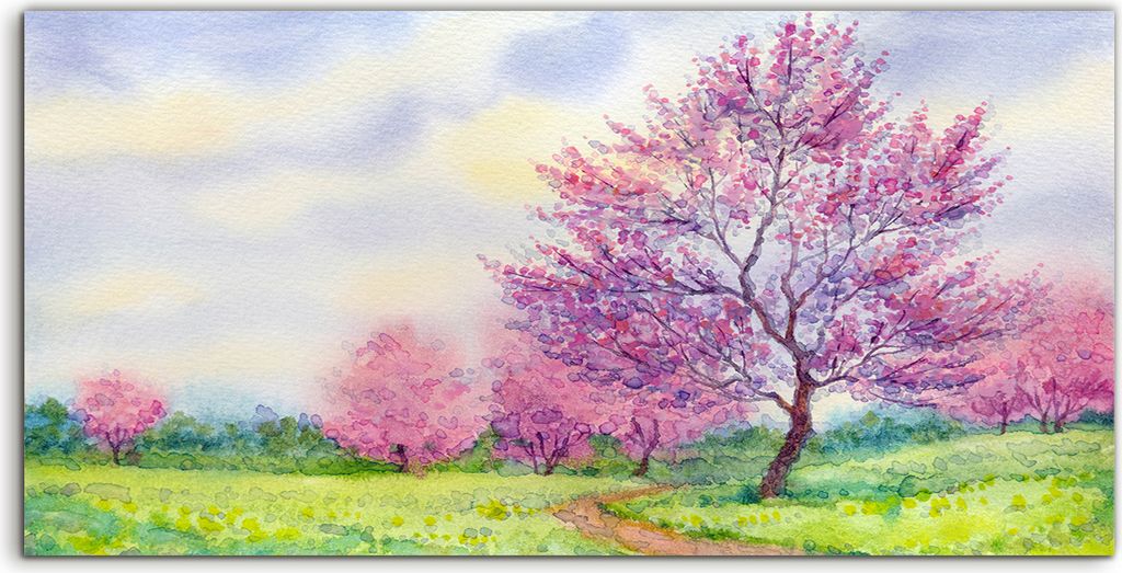Coloray Acrylbild 140x70 Wandbild Acrylbilder Frühlingslandschaft Blühender Baum