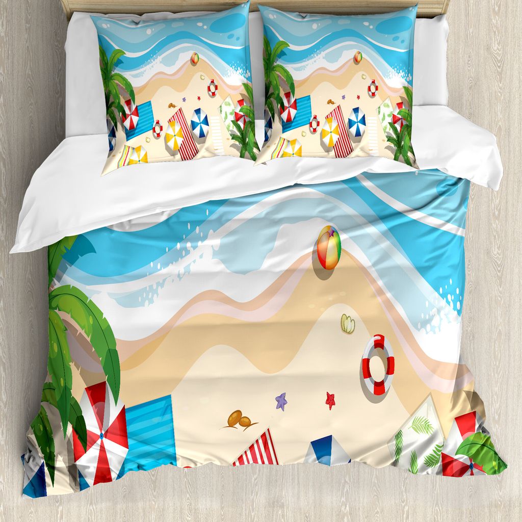 ABAKUHAUS Grafik-Strand Bettbezug Set für Einzelbetten, Sommer-Spaß-Cartoon, Milbensicher Allergiker geeignet mit Kissenbezug, 155 cm x 220 cm - ...