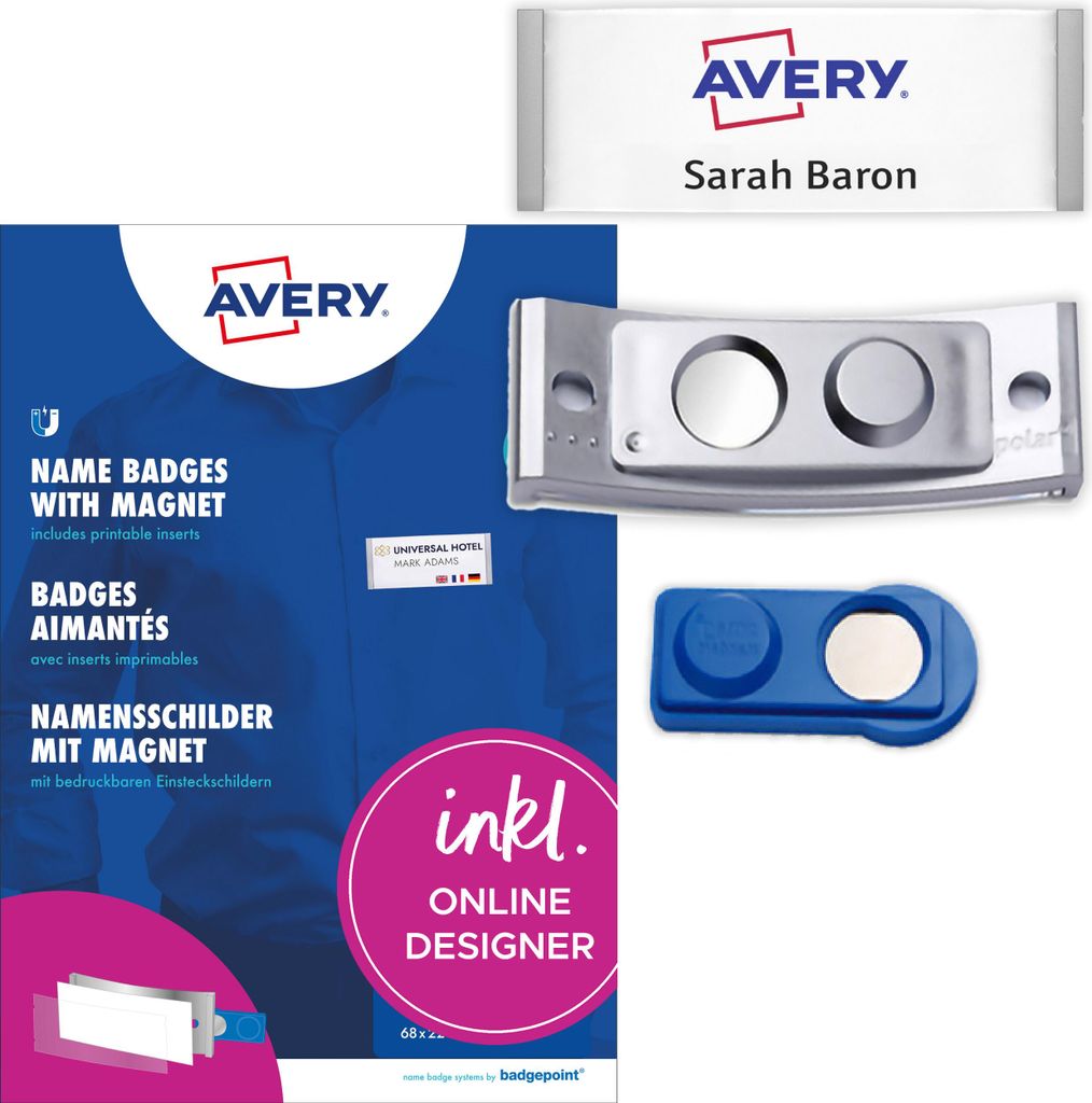 Avery Zweckform POL30MA66-20DR, Namensschilder, 70 x 30 mm, 20 Schilder / 90 Einsteckschilder / 5 Bögen