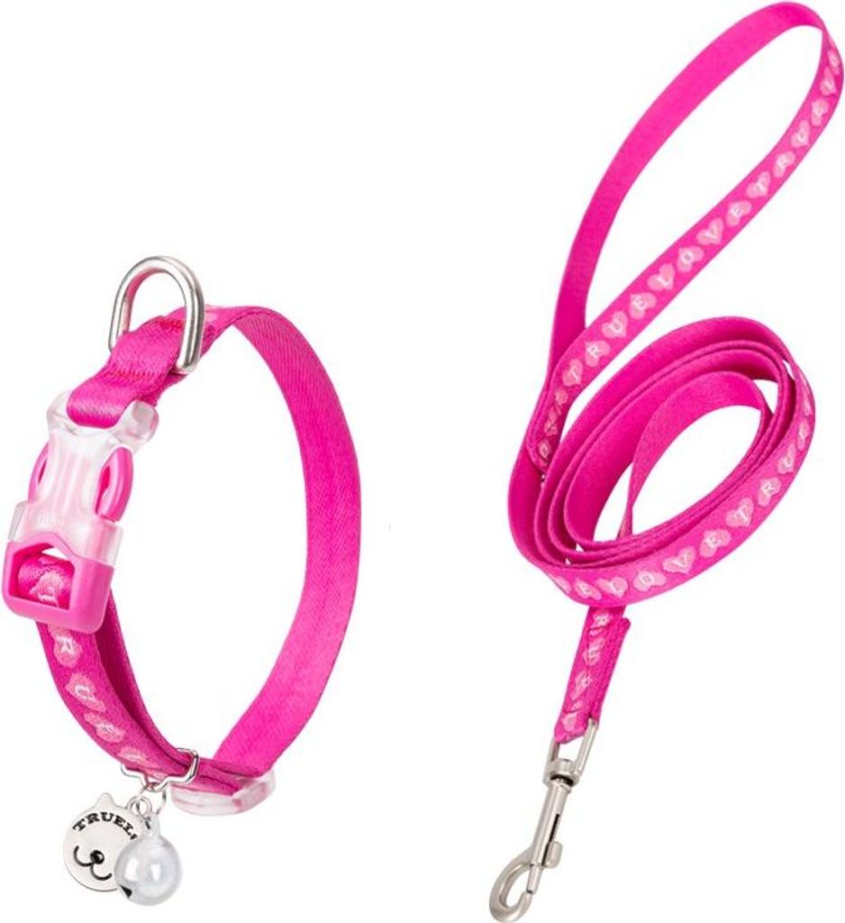 Katzengarnitur pink mit Glöckchen und Leine, Halsumfang 18-28 cm