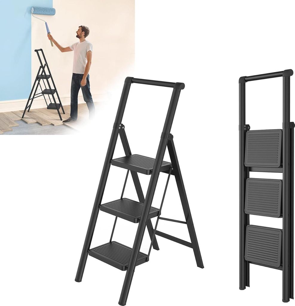 XINZI 3 Stufen Leiter Klappbar mit Handlauf, rutschfeste Haushaltsleiter, Klapptrittleiter, Büro, Tragbar und Stabil, Belastbar bis 250KG, Schwarz