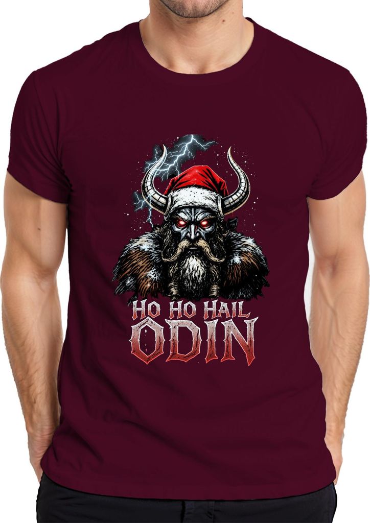 Ho Ho Hail Odin Wikinger Santa Hörner Bart Rote Augen Norse Metal Herren T-Shirt, Burgundy, 3XL