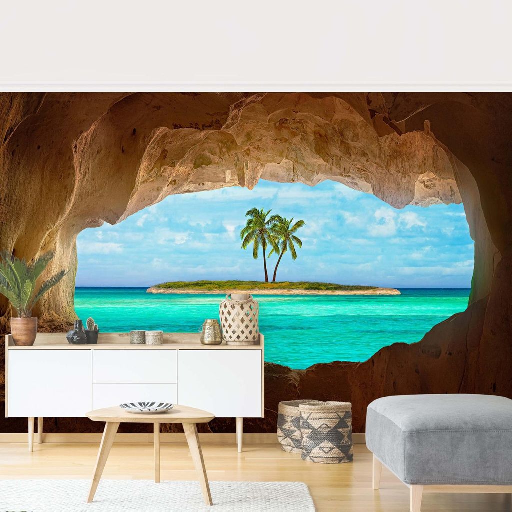 Fototapete Strand - Vliestapete - Bildtapete UV-beständig Palme beige 3D-Effekt Tropisch Wandtapete geruchsfrei
