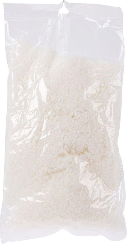A clear plastic bag filled with white, granular material, likely artificial snow.